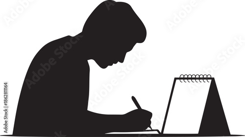 Man Silhouette Working at Desk with Calendar, Planning and Productivity Concept in Black and White