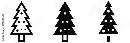 Simple Christmas tree icons in black and white,Christmas tree set icon. X-mas sign symbol, fir tree silhouettes. Vector isolated flat illustration for holiday design
