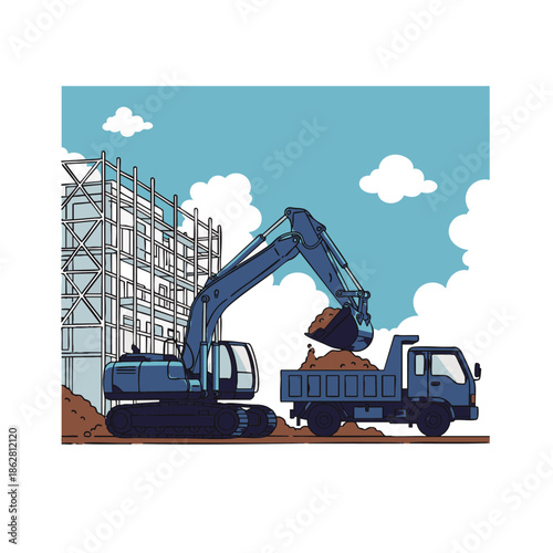 Construction site with excavator loading dirt into a dump truck next to a building under construction.