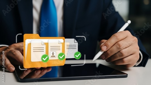 Wallpaper Mural A businessman reviews digital documents on a tablet with checkmarks Torontodigital.ca