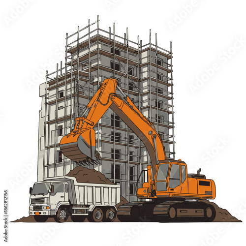 Construction site with excavator loading dirt into a dump truck next to a building under scaffolding