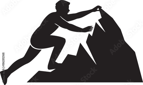 Climber Silhouette Reaching Mountain Peak, Challenge and Achievement Concept in Black and White
