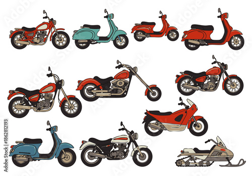Collection of diverse motorcycles, scooters, and a snowmobile, showcasing various styles and colors on a white background