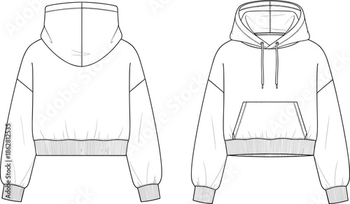 Fotografi Front and Back View of a Women’s Oversized Cropped Hoodie Technical Fashion Illu