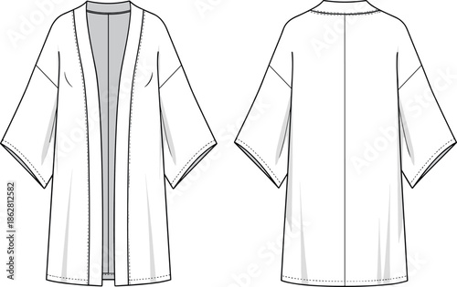 Flat fashion technical sketch of a women's oversized kimono cardigan jacket with drop shoulders and wide sleeves for design mockup