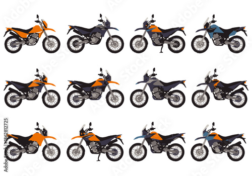 Adventure Dual Sport Motorcycle Vector Illustration Set with Various Color Options, Isolated on White Background for Design Projects.