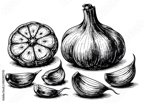 Hand drawn line art garlic set featuring a whole bulb, a half bulb, and cloves for cooking ingredients