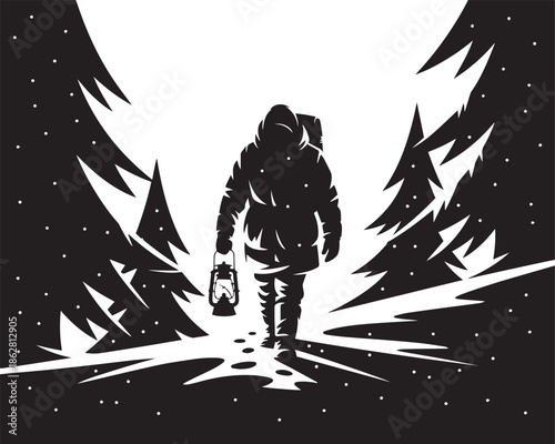 Person Silhouette Walking with Lantern in Forest at Night, Solitude and Journey Concept in Black and White