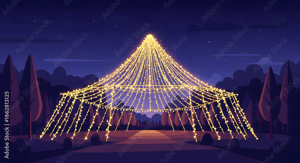 Fototapeta premium A large conical structure of yellow string lights illuminates a