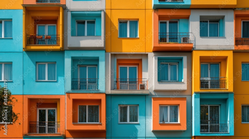 Fototapeta premium Colorful apartment building facade with balconies