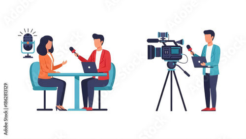Professional media production and journalism concepts illustrating interviews, news reporting, and broadcasting with camera crew and podcast hosts for diverse content creation