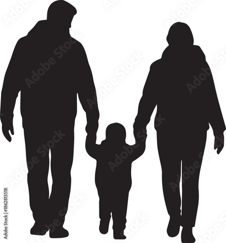 Family Silhouette Holding Child Hands, Parenthood and Togetherness Concept in Black and White