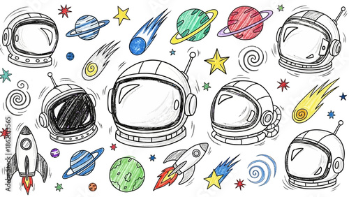 Astronaut helmets in space scene.