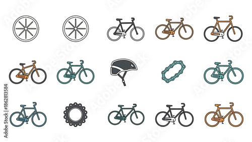 Bicycles and cycling accessories icons.