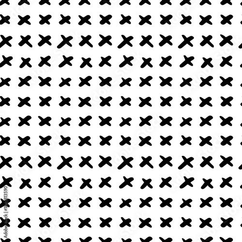 Hand-drawn pattern with cross and plus signs creates seamless background. Brush strokes and grunge texture add scandinavian style to geometric repeat design.