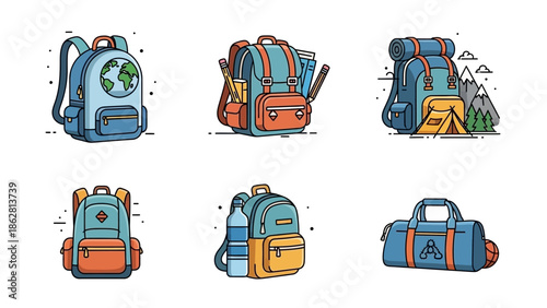 Collection of colorful luggage and backpacks.