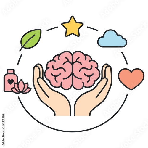 Mental Health Care Illustration with Brain Hands and Wellness 