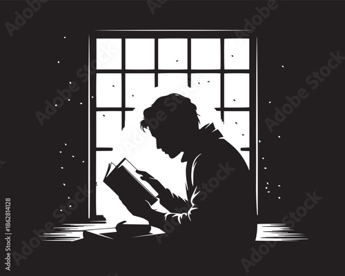Person Silhouette Reading Book by Window, Calm and Mindful Indoor Lifestyle Concept in Black and White