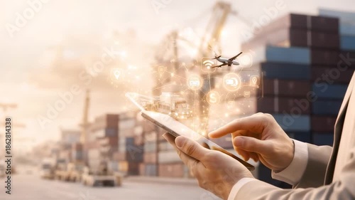 Business professional holds tablet displaying holographic cargo plane over busy shipping port
