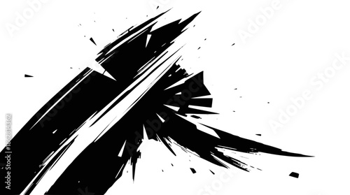 A black ink or paint splash exploding outwards on a white background, creating a dynamic and abstract design.