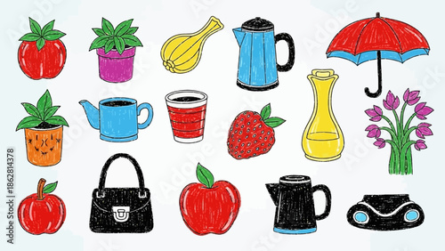 Colorful icons of daily life objects.