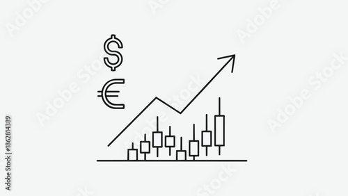 A line drawing for a business icon shows currency symbols and a stock chart with an upward trend. The icon represents finance, growth, and investment