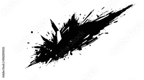 A black and white abstract graphic design depicting a dynamic explosion or ink splash with sharp, jagged lines and radiating splatters.