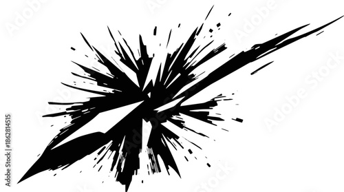 Dynamic black ink splash radiating outwards with sharp, jagged lines on a white background, creating an abstract and energetic visual.