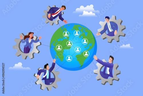 Global business team working together in gears around earth globe with connection network lines. Flat vector illustration for international cooperation, outsourcing partnership and worldwide synergy.