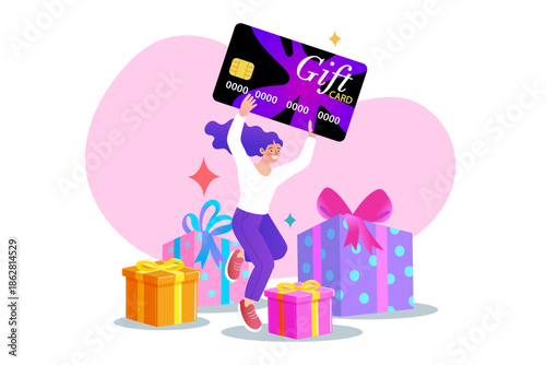 Happy woman jumping holding big gift card near colorful present boxes. Flat vector illustration for loyalty reward program, shopping discount voucher and holiday giveaway surprise.