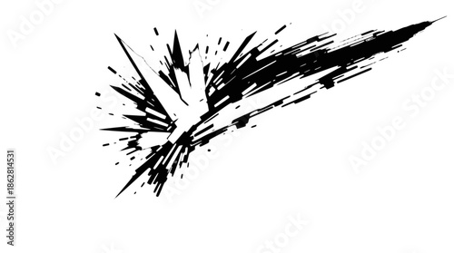 A dynamic black and white ink splatter explosion with a central white burst effect, creating a striking abstract graphic element.