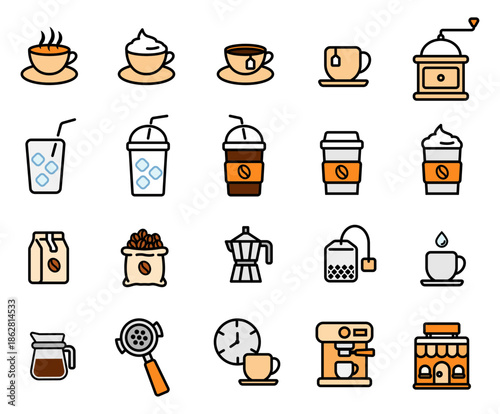 Modern coffee and cafe icon set, flat line art symbols for hot and iced coffee, espresso machines, and tea shop menu design isolated