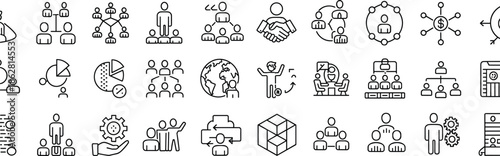 Minimalist black outline icons representing business organizational structure, team leadership, global collaboration, company hierarchy, professional networking.