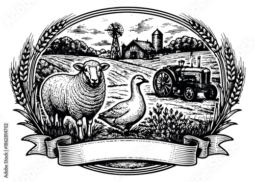 Vintage hand drawn line art illustration of a farm landscape with animals and machinery depicting traditional agriculture for food branding and packaging