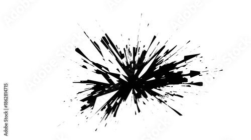 Black ink splatter burst on a clean white background, creating an abstract and dynamic visual effect.