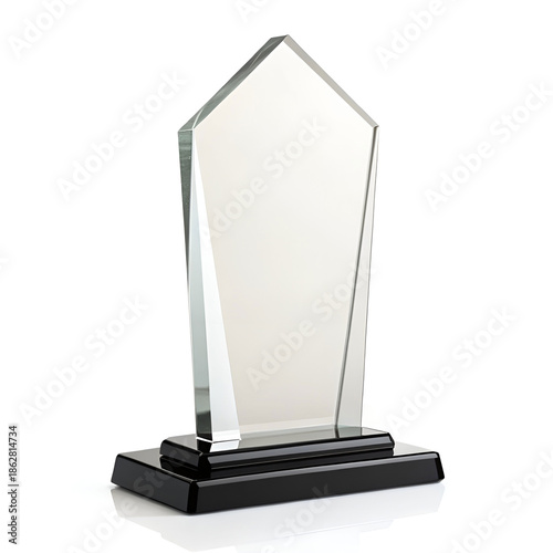 Transparent glass award trophy on black base, sleek modern design.