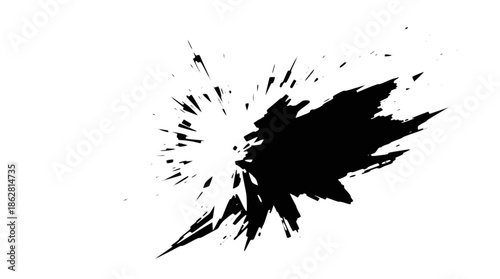A dynamic black ink splatter with an explosive burst effect on a stark white background.
