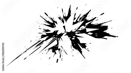 A black abstract ink splash or explosion with sharp, fragmented edges on a white background.