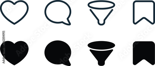 Minimalist social media interface icons including heart, speech bubble, filter, and bookmark symbols in both outline and solid black styles.