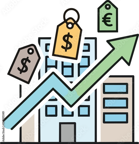 an icon representing financial growth in real estate. An upward trending arrow overlays a building with price tags marked with dollar and euro signs