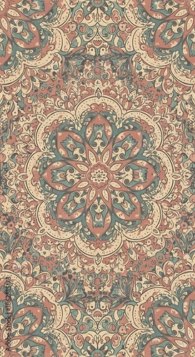Intricate damask style ornamental pattern displaying faded colors and distressed texture