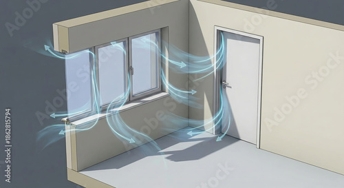 Visualization of cold air drafts entering a room through window and door seals. Home energy inefficiency and poor insulation concept with blue airflow lines.