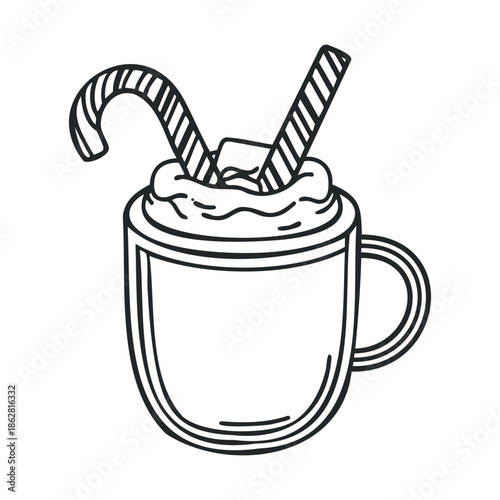 Delicious hot chocolate with candy cane and whipped cream in a festive mug, ideal for cozy winter drink menus and cheerful holiday celebration products.