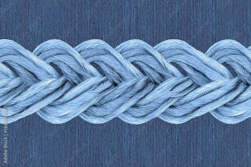 Fototapeta premium Braided, light blue rope with detailed texture on a blue backdrop