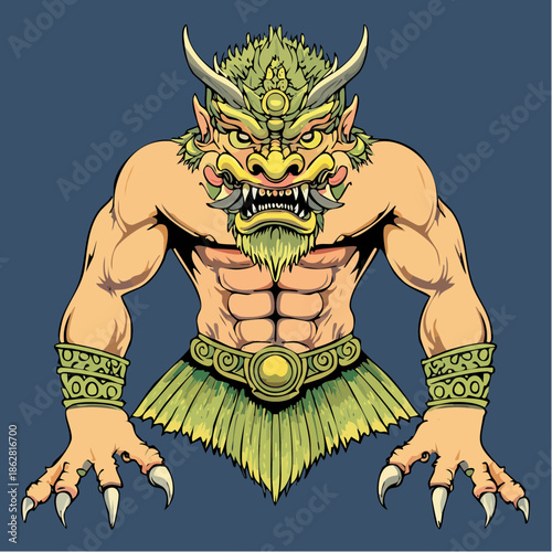 Illustration of a powerful mythological horned demon warrior.