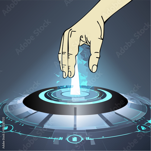Illustrated human hand activating a futuristic holographic interface.