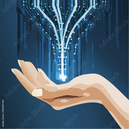 Conceptual illustration of a human hand receiving a stream of digital data.