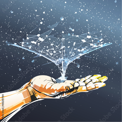 Futuristic bionic hand holding a shattering digital data crystal.