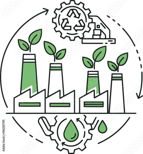 Circular Economy Concept. Green factories, recycling, and sustainable resource management illustration.