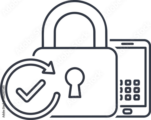 a security icon with a padlock next to a mobile device. A checkmark with a circular arrow signifies verification on the icon